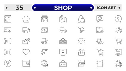 Shopping and Shop outline icon set. Online shopping, store, delivery, promotion and shopping cart symbol.