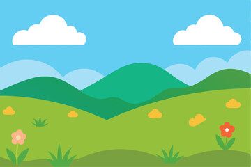 Obraz premium Vibrant summer landscape vector illustration with green hills, mountains, and a clear blue sky with clouds