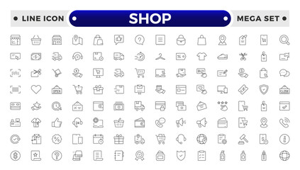 Shopping and Shop outline icon set. Online shopping, store, delivery, promotion and shopping cart symbol.
