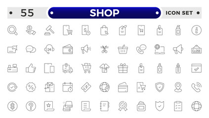 Shopping and Shop outline icon set. Online shopping, store, delivery, promotion and shopping cart symbol.