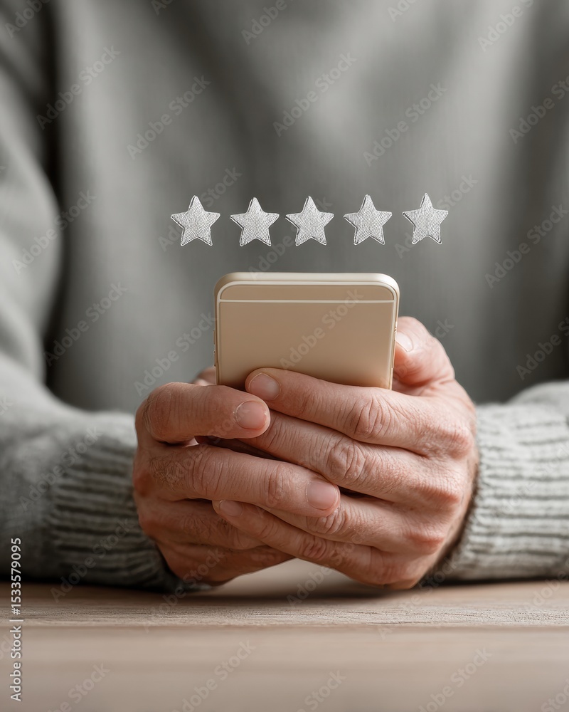 Poster senior person using smartphone for online rating with five star digital interface symbolizing top cu