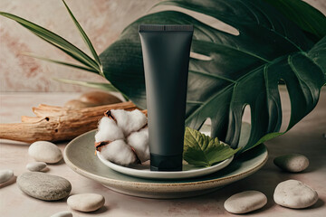 Elegant black cosmetic tube on a natural background.