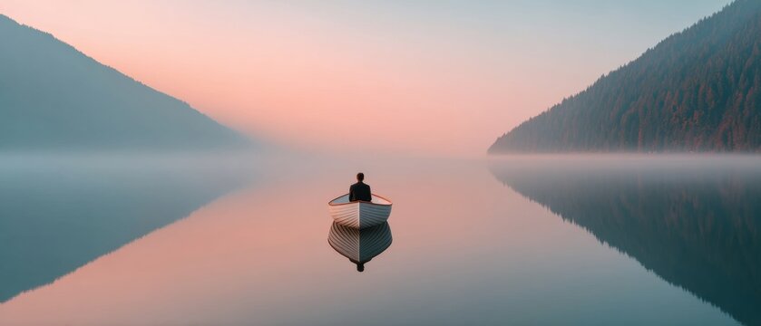 Mindfulness Meditation on Misty Mountain Lake at Dawn with Reflective Water, Solitude and Emotional Clarity for Wellness and Mental Health Campaigns