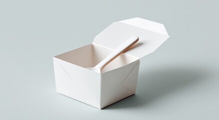 A slightly opened, empty, white cardboard takeout container with a small white plastic spoon inside, set against a light-blue backdrop