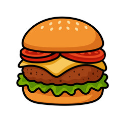 Vector Illustration Cartoon Cheeseburger with Lettuce, Tomato, and Cheese