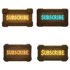 Mystical subscribe button designed like a stone tablet with glowing runes, carved borders, and transparent background