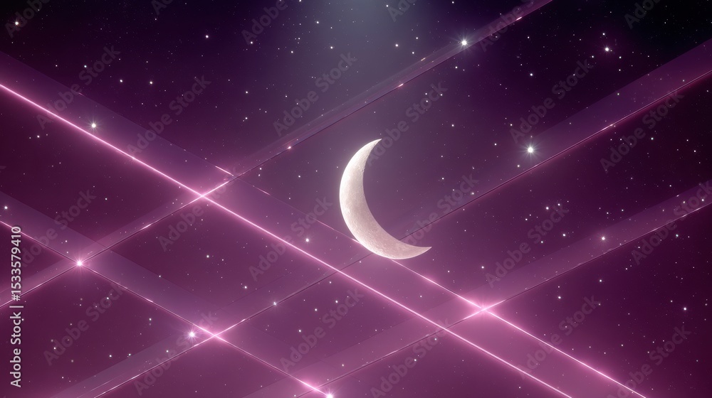 Poster new moon crescent in deep starry sky with futuristic neon light lines for meditation apps and cosmic
