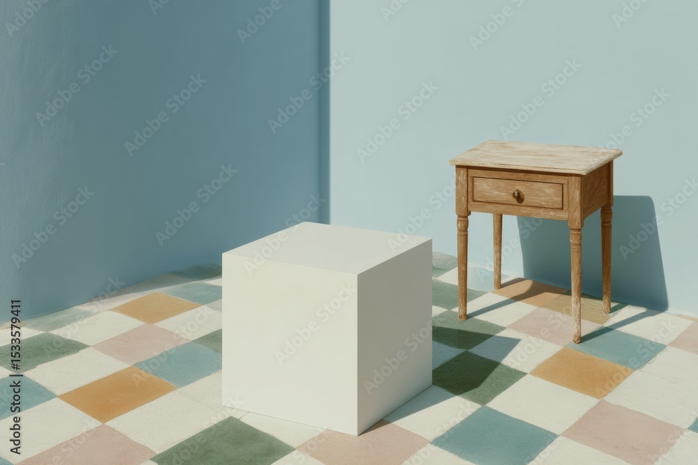 Aufkleber minimalist still life with wooden table and white cube on colorful tile floor evoking calm and conte