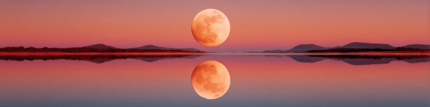 Fototapeta Tranquil full moonrise over still lake reflecting serene night sky and distant shoreline silhouette for calming meditation and wellness content