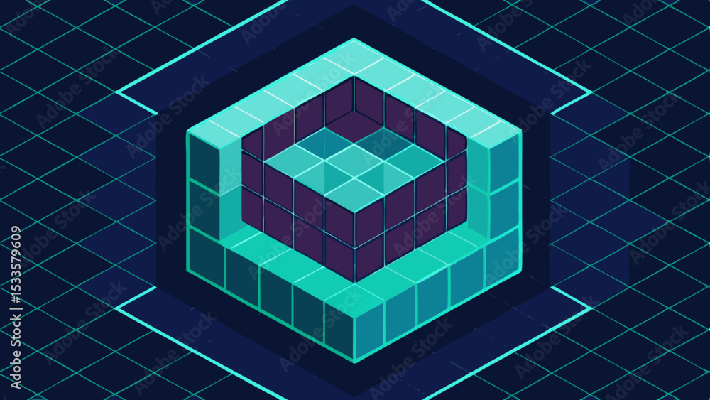 Poster abstract isometric cube illustration with a grid backdrop suitable for digital design