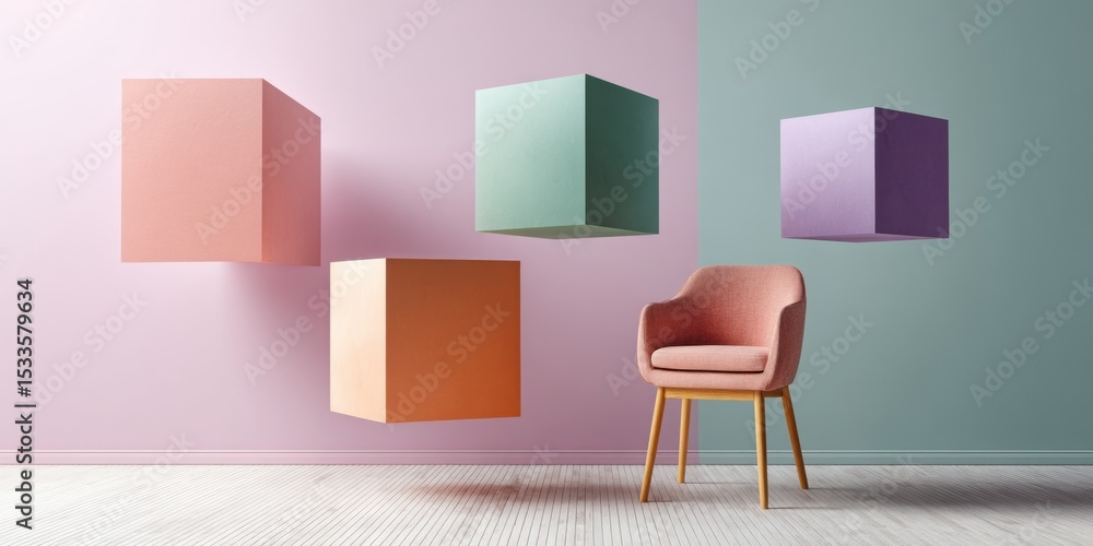 Poster midimalism design with floating pastel cubes and simple furniture silhouettes creating visual balanc