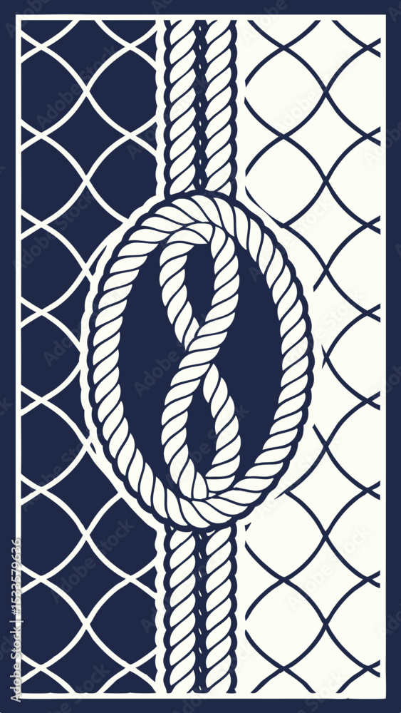 Poster abstract marine theme with rope and netting design in navy and cream colors