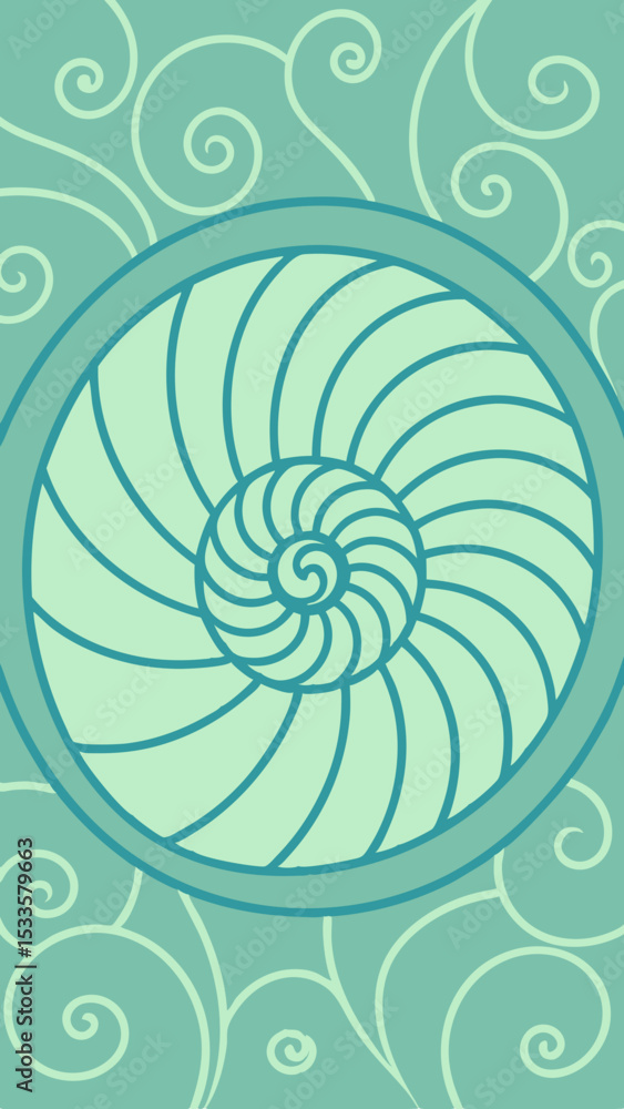 Poster abstract nautilus shell spiral design with swirling decorative elements on transparency
