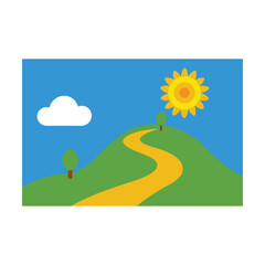 Fototapeta premium Sunlit summer landscape with a winding road through green fields and hills under a vast sky