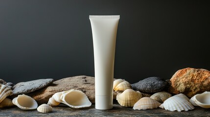 Cream tube surrounded by seashells and rocks