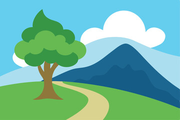 Fototapeta premium Vector landscape illustration with trees, mountains, and a summer sky