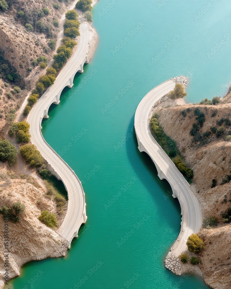 Poster aerial view of meandering river with modern curved bridges connecting urban areas and natural terrai