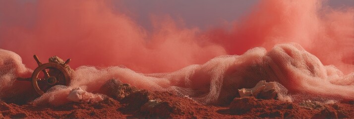 Vintage Nautical Decor with Lifesaver Ribbon, Fishing Net, Ship Wheel, and Lighthouse on Wooden Floor for Seaside-Themed Events and Maritime Branding