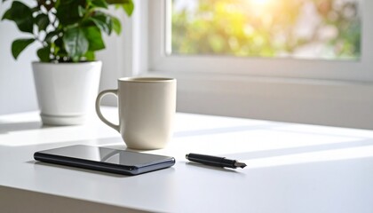 Modern Home Office Workspace Smartphone Coffee Mug Fountain Pen near Window