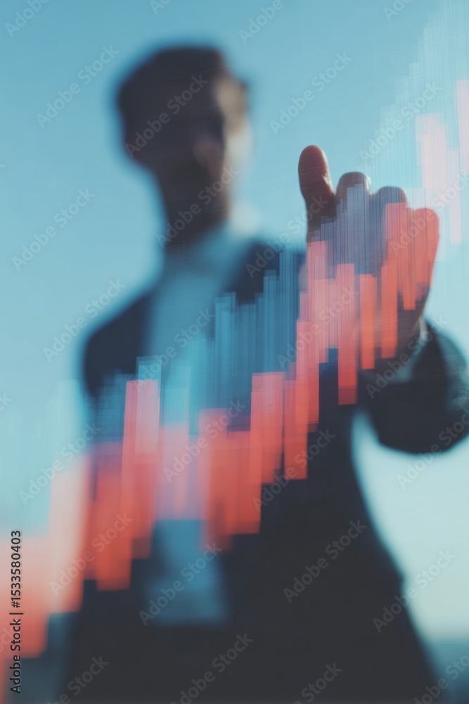 Poster businessman engaging with digital e-commerce data interface showing sales trends and inventory analy