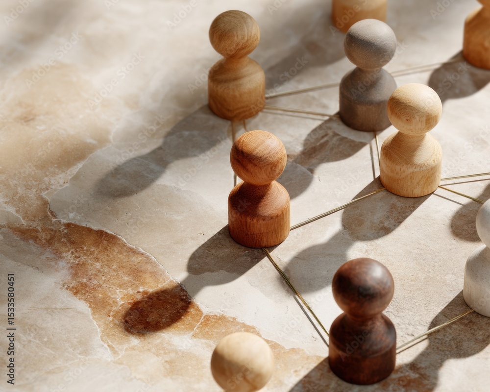 Poster inclusive network of connected wooden figures on patterned stone surface representing organizational