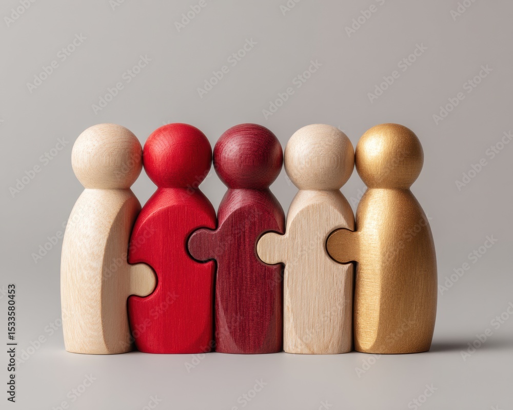 Poster inclusive diversity concept with wooden puzzle figurines featuring disability symbols on neutral bac