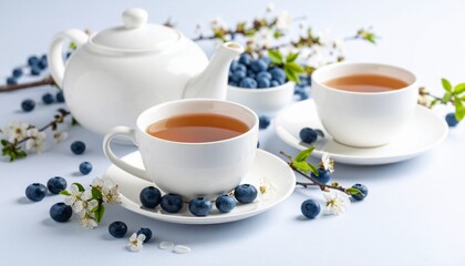 Enjoying a Refreshing Cup of Tea with Blueberries and Spring Blossoms