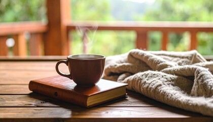 Warm autumn morning coffee cup on wooden table with book and cozy sweater near window