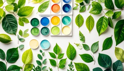 Vibrant Watercolor Paint Set Arranged with Lush Green Leaves on White Background