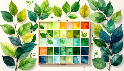 Watercolor Painting of Green Leaves and a Colorful Palette Nature Inspired Art