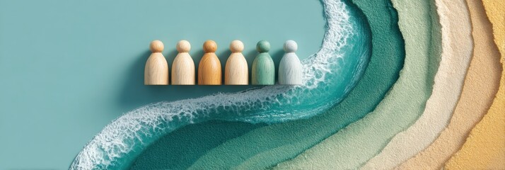Wooden Figurines Representing Diversity in Wave Formation on Textured Surface for Inclusive Corporate Culture and Workforce Representation