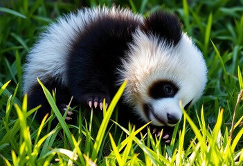 A fluffy panda cub tumbles in vibrant green grass, tiny paws outstretched, wildlife, spring