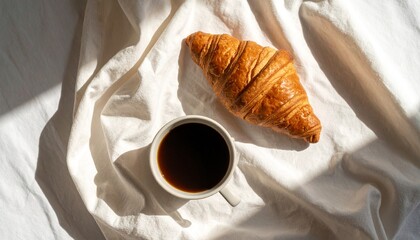 Delicious Buttery Croissant and Coffee on a Sunny Morning Bed Linen