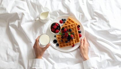 Delicious Waffles with Berries and Milk Enjoyed in Bed A Relaxing Breakfast Scene