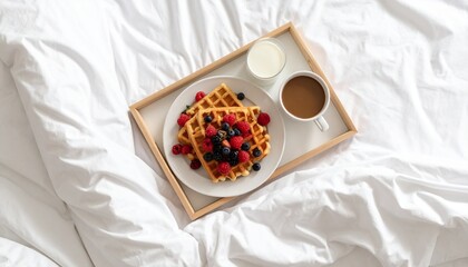 Delicious Waffles with Berries and Milk Coffee Breakfast in Bed