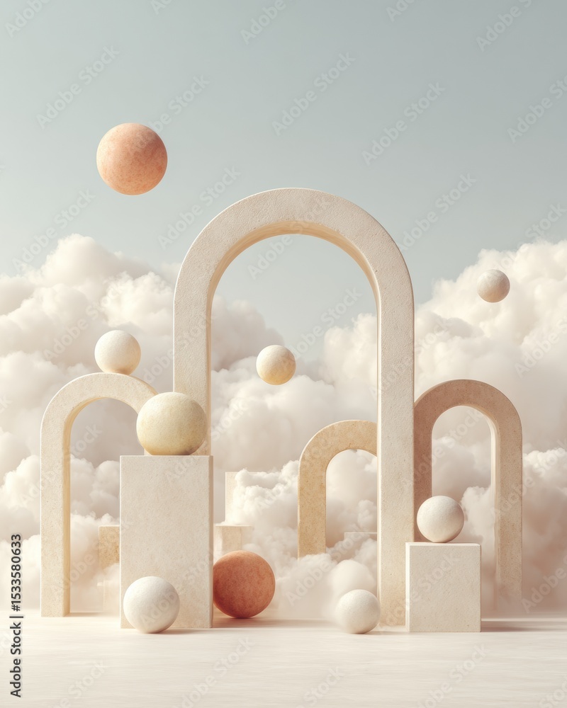 Poster Minimalist surreal architecture with geometric arches and floating spheres in soft earth tones against a dreamy cloudscape for modern creative design