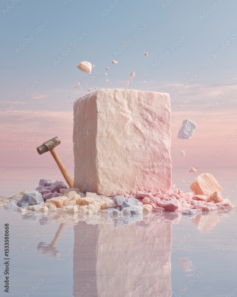 Poster Collaborative Icebreaker with Wooden Mallets Shattering Large Ice Block on Reflective Surface - Team Building and Creative Problem Solving Concept
