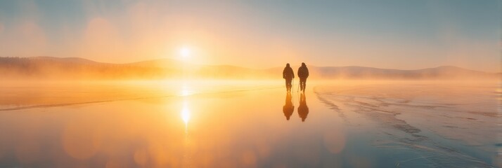 Adventurous silhouettes exploring icy landscape at sunrise with reflective wet surface, evoking discovery, nature scale, and environmental connection