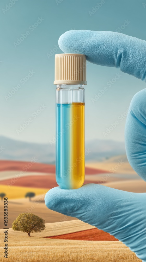 Poster hemoglobin test tube held by gloved hand in modern lab setting with colorful blood sample, highlight