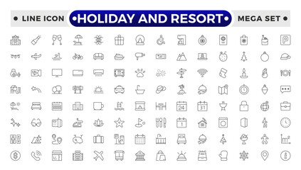 Holiday and Resort outline icon set. Summer travel icon set. holiday tour icons for app and website containing hotel sun camp mountain drink plane island.