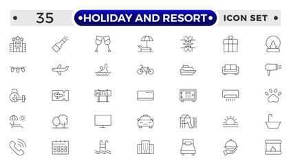 Holiday and Resort outline icon set. Summer travel icon set. holiday tour icons for app and website containing hotel sun camp mountain drink plane island.