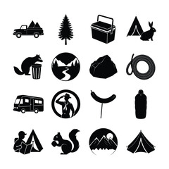 Camping and Outdoor Adventure Icons: A Collection of Black and White Silhouettes