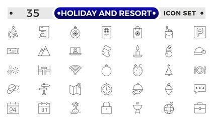 Holiday and Resort outline icon set. Summer travel icon set. holiday tour icons for app and website containing hotel sun camp mountain drink plane island.
