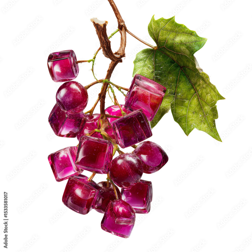 Poster surreal vineyard: squared grape cluster with vibrant leaf on pure white