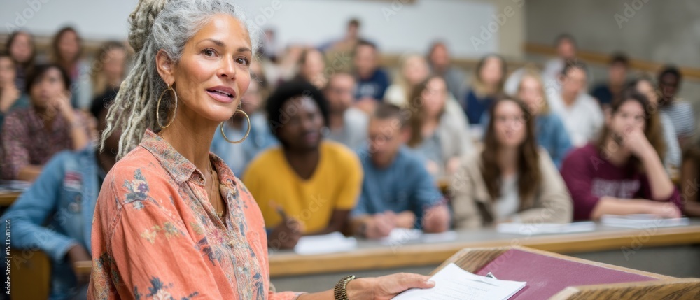 Poster university professor leading engaged lecture in modern academic setting with diverse students, symbo