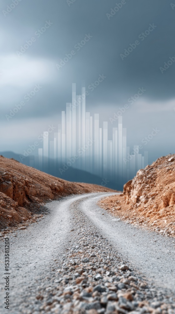 Poster abstract downward-trending financial graph overlay on desert landscape symbolizing market volatility