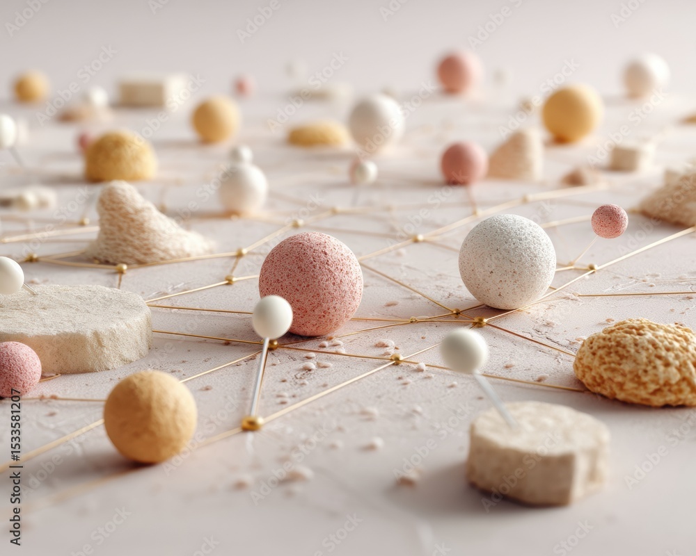 Poster abstract geometric spheres connected by gold lines on textured surface representing high-tech networ