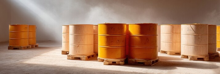 Industrial Gasoline Barrels Stacked on Wooden Pallets in Foggy Warehouse with Dynamic Lighting for Chemical Storage and Inventory Management