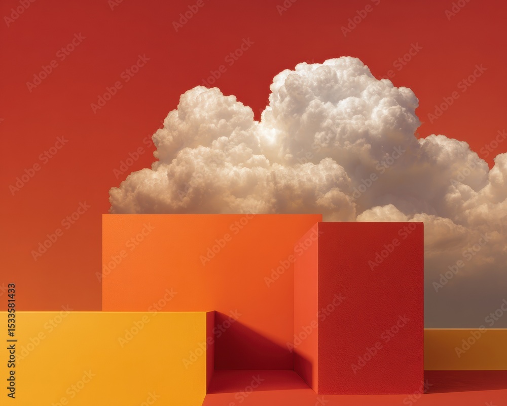Poster Majestic cumulus cloud formations with volumetric depth over vibrant modern architecture, symbolizing atmospheric dynamics and weather monitoring trends