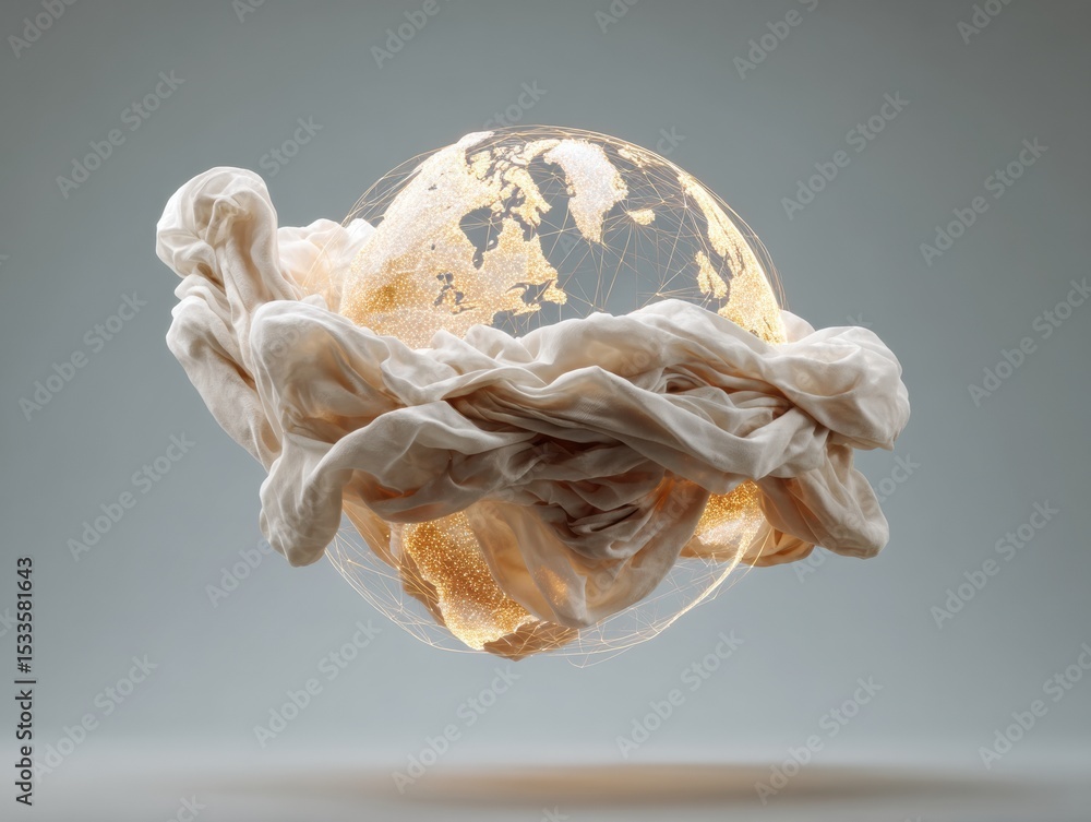 Poster futuristic digital globe with illuminated trade routes wrapped in flowing fabric - tech innovation i